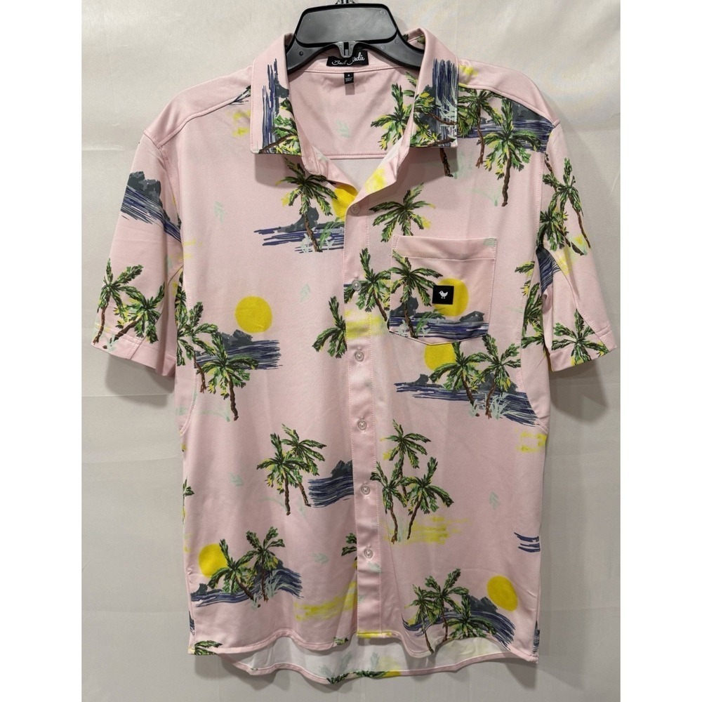 Bad Birdie Men's S Pink Shirt With Tropical Palm Trees And‎ Sun Pattern